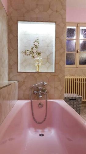 La salle de bains est pourvue d'une baignoire rose avec un robinet. dans l'établissement Gîte La Châtelaine 4 Épis, à Les Molières