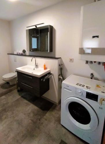 a bathroom with a washing machine and a sink at Feriendorf Hohen Bogen Haus 7 EG in Arrach