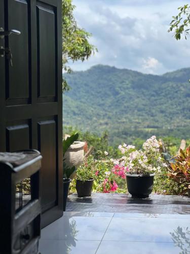 an open door with potted plants and a view of a mountain at Hilltop Retreat Matale in Matale