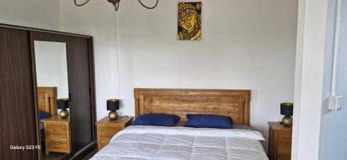 a bedroom with a large bed with blue pillows at Appartement de luxe Grand Baie in Pereybere