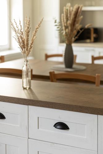 a kitchen with a table with two vases on it at Apartmány Vilka Orlík in Teplice nad Metují