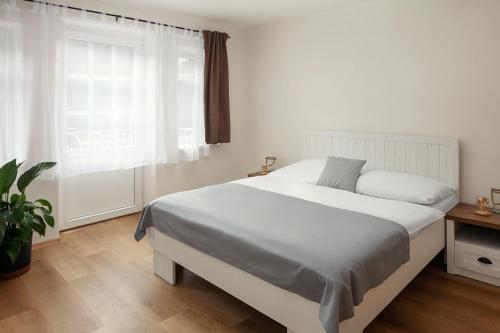 a bedroom with a white bed and a window at Apartmány Vilka Orlík in Teplice nad Metují