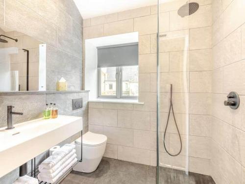 a bathroom with a shower and a toilet and a sink at Eye Mouth Luxury Stays in Eyemouth