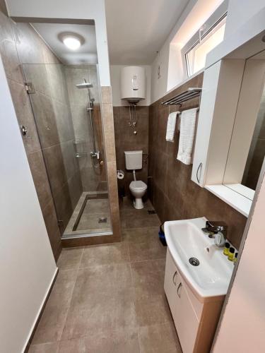 a bathroom with a shower and a toilet and a sink at Kovač Residence in Zrenjanin