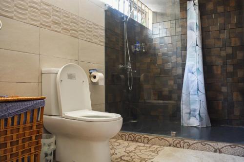 a bathroom with a toilet and a shower at Sands Beach Villa Flic en Flac in Flic-en-Flac