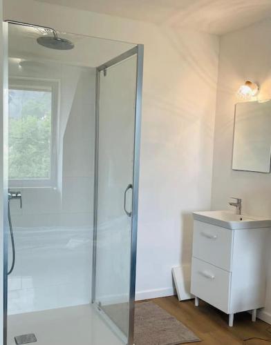 une salle de bain avec une douche en verre et un lavabo dans l'établissement Maison de berger rénovée - Vue imprenable, à Saint-Romain