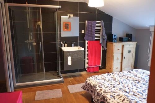 une salle de bain avec une douche et un lavabo et un lit dans l'établissement Ma maison pour Vous !!, à La Haie