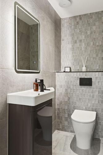 a bathroom with a sink and a toilet and a mirror at The Old School House - A Superb Newly Converted Barn with Hot Tub Sleeping 8 guests in Carmarthen