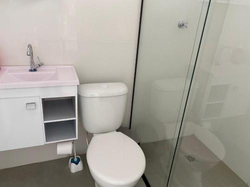 ein Badezimmer mit Toilette, Waschbecken und Dusche in der Unterkunft Studio próximo à Unicamp Limeira in Limeira