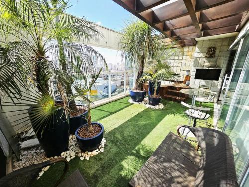 SPOT · Cobertura c/hidro em Aguas Claras, SPOT Apartments في برازيليا: فناء فيه نخيل ونباتات في ساحة