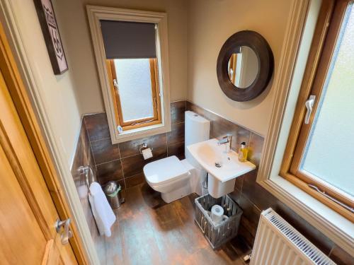 a bathroom with a sink and a toilet and a mirror at Freedom Lodge Great Ayton Yorkshire in Great Ayton