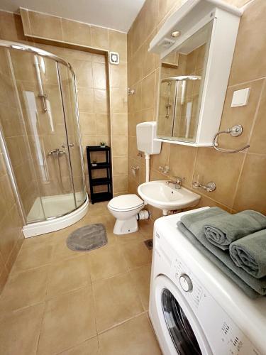a bathroom with a toilet sink and a washing machine at Boka Dream view Apartments in Prčanj