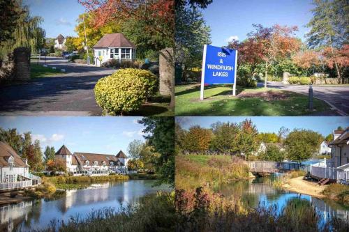 four pictures of houses and a sign in a town at Isis Lakes 09, ArtHouse in South Cerney