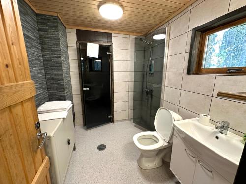 a bathroom with a toilet and a sink and a shower at Hillside Cottage in Ivalo