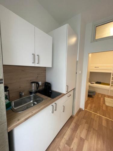 eine Küche mit weißen Schränken und einer Spüle in der Unterkunft Central Mini Apartment RHG 1 in Wien