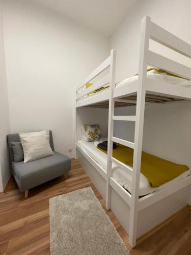 1 Schlafzimmer mit 2 Etagenbetten und einem Stuhl in der Unterkunft Central Mini Apartment RHG 1 in Wien