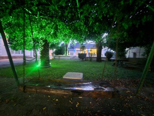 a swingiety in a park at night with green lights at White villas in Batumi in Batumi