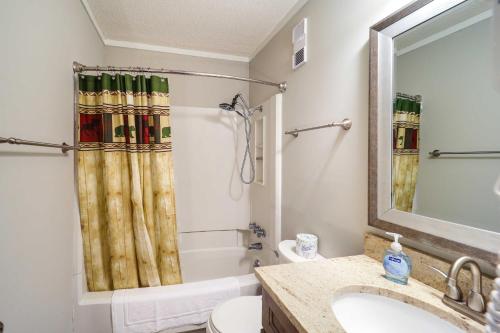 a bathroom with a sink and a toilet and a mirror at Hike, Golf and Ski Beech Mtn Condo with Resort Perks! in Beech Mountain