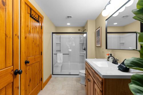a bathroom with a shower and a toilet and a sink at Luxury Chalet, Firepit, Sauna, Pet Friendly, 5 mins to Windham Mtn resort in Windham