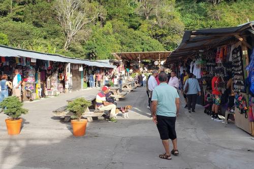 a group of people walking around a market with a dog at Cool Loft with King Bed 10 mins David 20 mins to Boquete in Dolega
