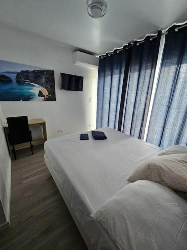 une chambre avec un grand lit avec des rideaux bleus dans l'établissement Maison Spacieuse Climatisée avec Jardin 2 PKG et Piscine, à Aucamville