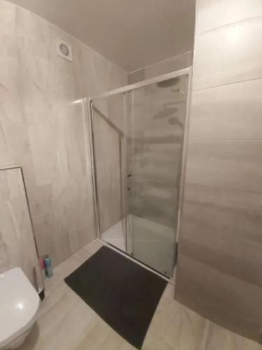 a shower with a glass door in a bathroom at Friendly house in Bastogne 130 m² with private garden for 5 people in Bastogne