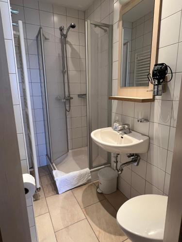 a bathroom with a sink and a shower at Hotel Pfälzer Hof in Enkenbach-Alsenborn