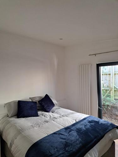 a bedroom with a bed with blue pillows and a window at Cavehill Cottage in Belfast