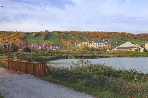 a river with a wooden fence next to a town at Chateau Ridge in Blue Mountains