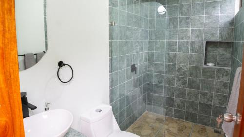 a bathroom with a shower with a toilet and a sink at Divan Eco Lodge in Fortuna