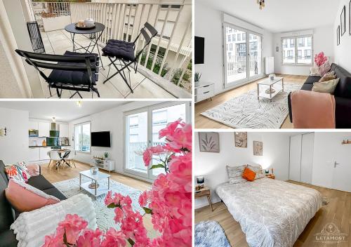 un collage de photos d'un salon et d'une salle à manger dans l'établissement Bleu Serenity aux pied de Paris, à Châtenay-Malabry