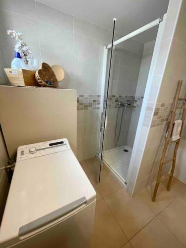 une salle de bain avec une douche avec une porte vitrée dans l'établissement T2 refait à neuf Calme et agréable, à Narbonne