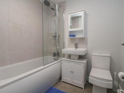 a bathroom with a sink and a shower and a toilet at Elwell Cottage in Beverley