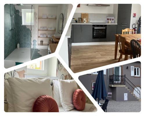 a collage of pictures of a kitchen and a living room at Le gîte des cigogneaux in Schwenheim
