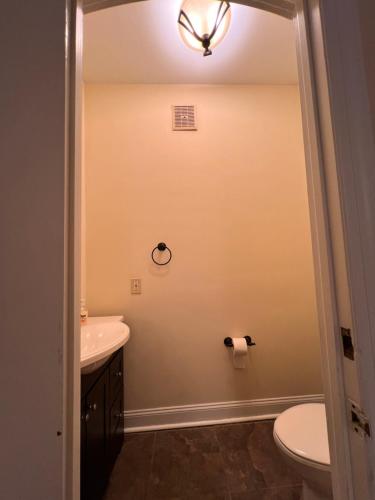 a bathroom with a toilet and a sink at Beautiful River front home with private pool in Phillipsburg