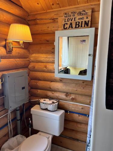 a log cabin bathroom with a toilet and a mirror at Cozy Cabin Oxen-Le-Fields Montana in Conner