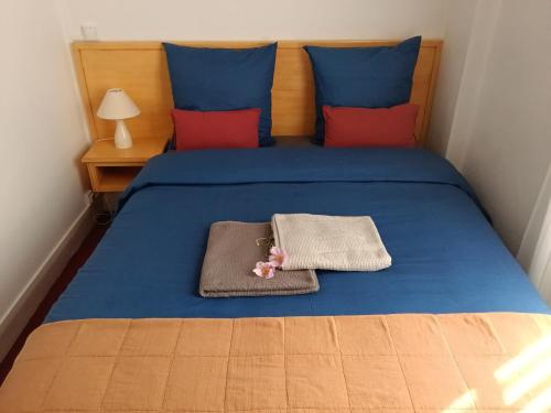 - un lit bleu avec une serviette et une poupée dans l'établissement Appartement sur la route touristique du champagne, à Sézanne