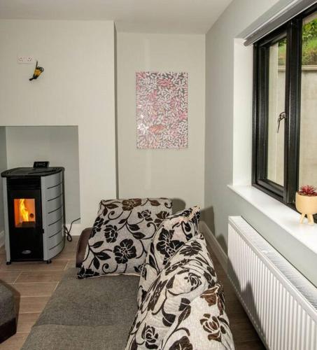 a living room with a couch and a fireplace at Sullcon Apartment in Killarney