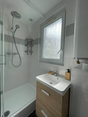 La salle de bains est pourvue d'un lavabo, d'une douche et d'une fenêtre. dans l'établissement Résidence Tivoli, Trouville, 2min plage, à Trouville-sur-Mer