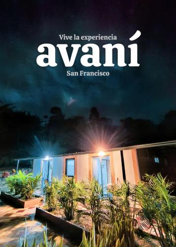 a poster for an amani resort at night at Cabañas Avani in San Francisco