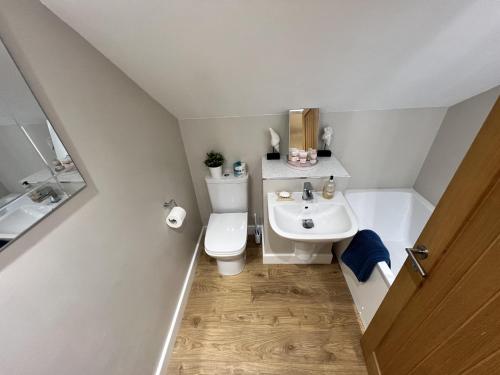 une petite salle de bain avec toilettes et lavabo dans l'établissement Rural Cottage-Full Kitchen-Pets Ok-Paddock, à Shrewsbury