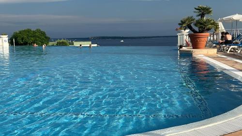 une grande piscine bleue avec des personnes dans l'eau dans l'établissement Appartement à Cannes résidence villa francia, à Cannes