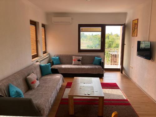 a living room with a couch and a coffee table at Cozy 2 bedroom apartment in Sarajevo