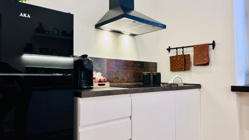 a kitchen with a sink and a stove at La Fontana Luxury Apartment in Nettuno