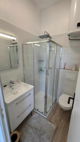 une salle de bain avec une douche, un lavabo et des toilettes dans l'établissement Les sureaux, à Perpignan