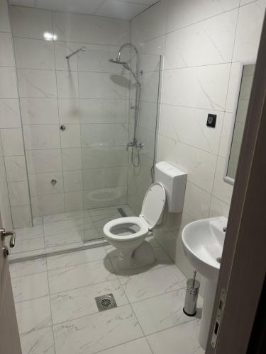 a bathroom with a shower and a toilet and a sink at NIKA The architect DIAMOND OF GEVGELIA in Gevgelija