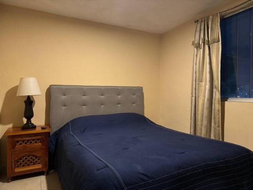 a bedroom with a bed and a lamp and a window at Departamento Excelente Ubicación Comercial in Toluca