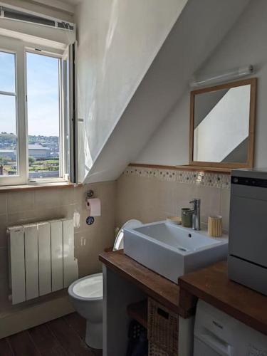 une salle de bain avec un lavabo et des toilettes et une fenêtre dans l'établissement Appartement calme à 300 m de la plage-centre ville - Quiet appartment 300 m near city and beach, à Mers-les-Bains