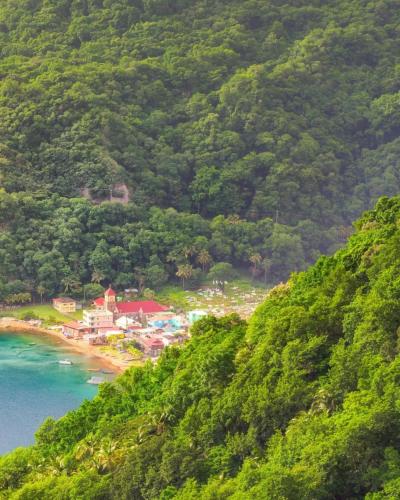 a view of a beach with a house and trees at Rainbow Heights Apartment, Soufriere in Soufrière
