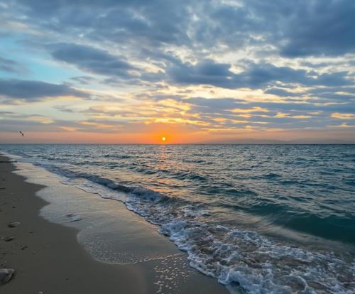 a sunset on the beach with the ocean at La hacienda Ras Sedr in Raʼs Matarma
